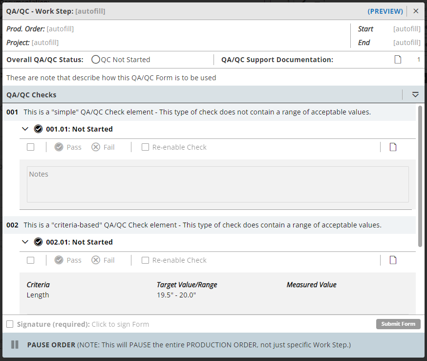 QA/QC Forms – Manufacton Support